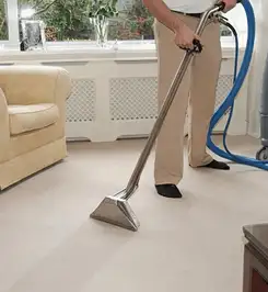 Professional carpet cleaner using a hot-water extraction wand and hose machine in a living room in Reno, NV.